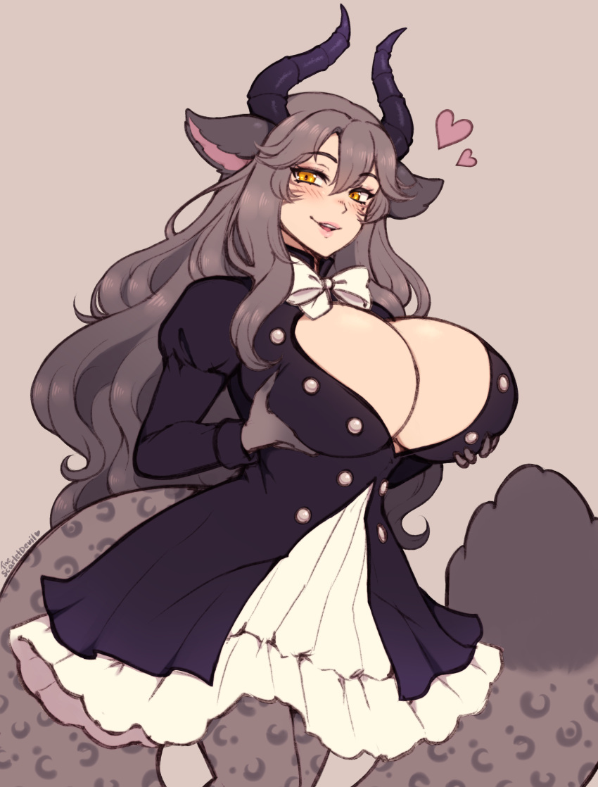 1girl absurdres animal_ears blush breast_lift breasts brown_eyes brown_hair cleavage commission facial_mark heart highres horns large_breasts long_hair long_sleeves looking_at_viewer open_mouth original smile solo the_scarlet_devil