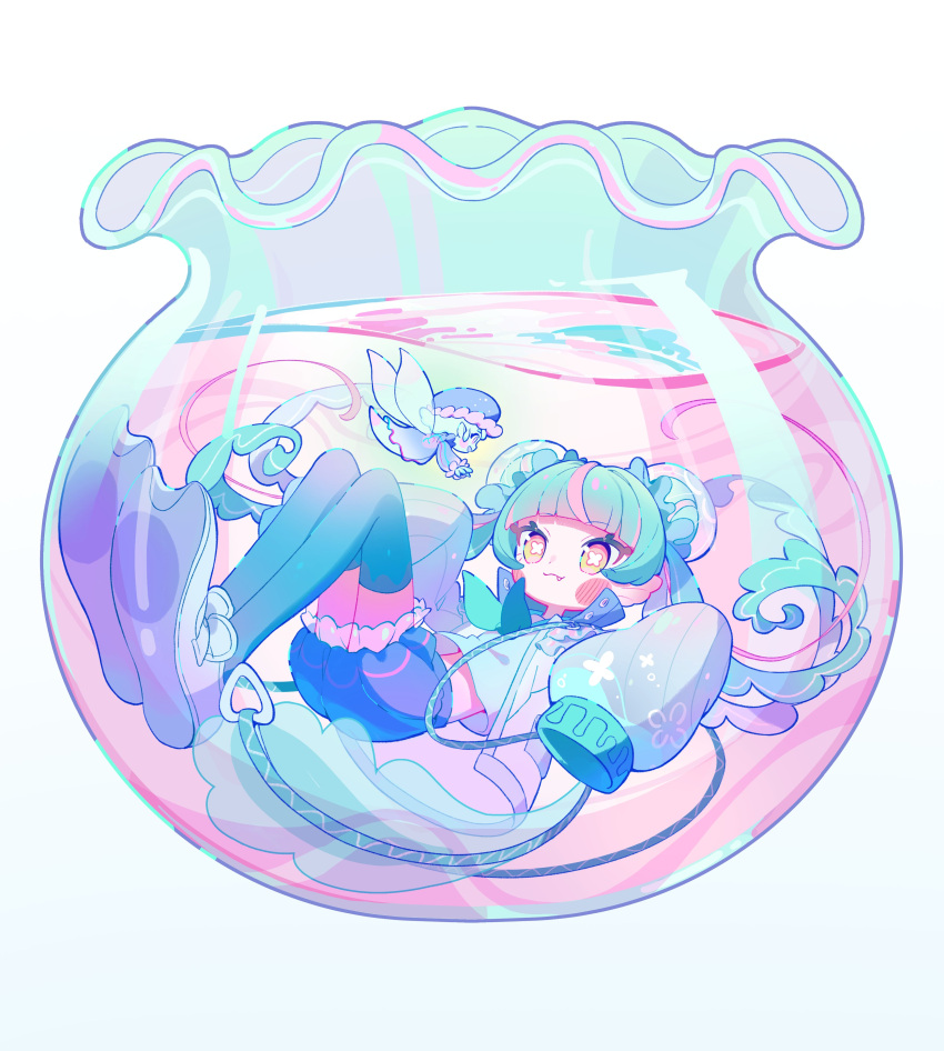 1girl absurdres blue_hair blue_thighhighs fang fishbowl full_body gaogao_(gaogaomegu) highres in_bowl in_container original simple_background sleeves_past_fingers sleeves_past_wrists thighhighs very_long_sleeves white_background yellow_eyes