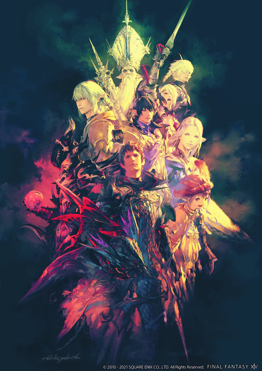 3girls 6+boys adventurer_(ff14) alphinaud_leveilleur arm_up armor artist_name aymeric_de_borel beard beret black_hair blue_background blue_hair breastplate brown_hair copyright_name copyright_notice dragoon_(final_fantasy) elezen elf estinien_varlineau everyone expressionless facial_hair final_fantasy final_fantasy_xiv gauntlets hat hat_feather haurchefant_greystone helmet highres holding holding_eye holding_helmet holding_sword holding_weapon hyur king_thordan lalafell long_beard looking_at_viewer lucia_junius mitre multiple_boys multiple_girls official_art open_mouth outstretched_arm pauldrons pointy_ears poster_(medium) purple_eyes red_headwear short_hair shoulder_armor signature spiked_pauldrons sword tataru_taru unworn_headwear unworn_helmet warrior_of_light_(ff14) weapon white_hair white_headwear yoshida_akihiko ysayle_dangoulain