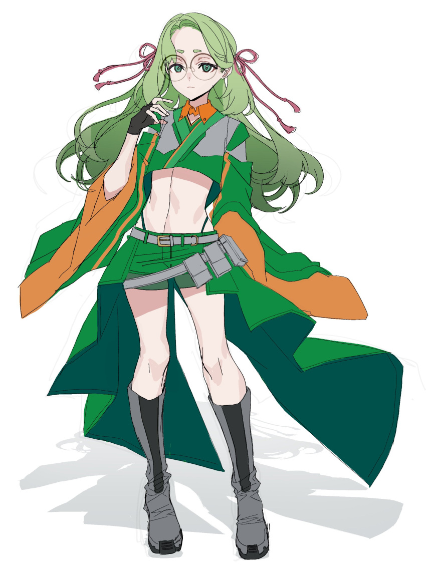 1girl absurdres asanagi_obi belt_pouch black_gloves boots closed_mouth denonbu full_body glasses gloves green_eyes green_hair green_shirt green_shorts grey_footwear hair_ribbon hand_up highres kawachi_rin knee_boots long_hair long_sleeves looking_at_viewer navel pouch ribbon round_eyewear shirt shorts simple_background solo standing white_background wide_sleeves