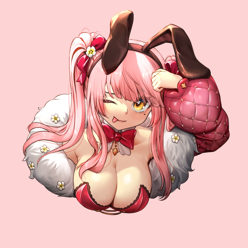 1girl ;p algorhythm_project animal_ears arm_up black_hairband bow bowtie braco breasts closed_mouth cropped_torso detached_collar fake_animal_ears hair_ribbon hairband highres large_breasts long_hair long_sleeves looking_at_viewer merun_morino mole mole_under_eye one_eye_closed orange_eyes pink_background pink_hair puffy_long_sleeves puffy_sleeves rabbit_ears red_bow red_bowtie red_ribbon ribbon sidelocks simple_background smile solo strapless tehepero tongue tongue_out twintails upper_body
