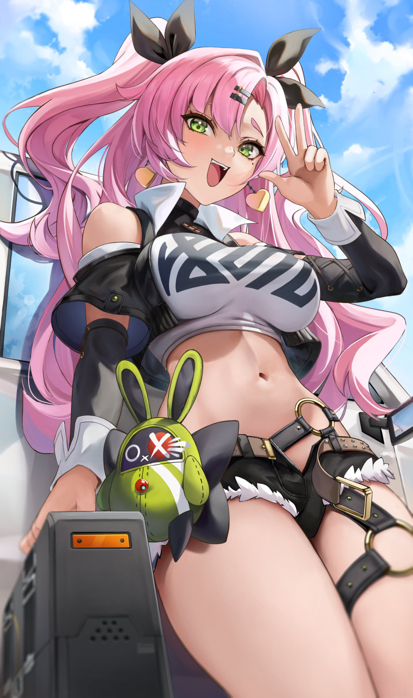 1girl :d absurdres aoi_13 bare_shoulders black_jacket black_ribbon black_shorts blue_sky breasts cloud commentary cowboy_shot cutoffs day earrings green_eyes hair_ornament hair_ribbon hairclip hand_up heart heart_earrings highres jacket jewelry large_breasts long_hair long_sleeves looking_at_viewer midriff navel nicole_demara open_clothes open_jacket open_mouth pink_hair ribbon short_shorts shorts sky smile solo standing stomach strapless thighs tube_top two_side_up very_long_hair w zenless_zone_zero