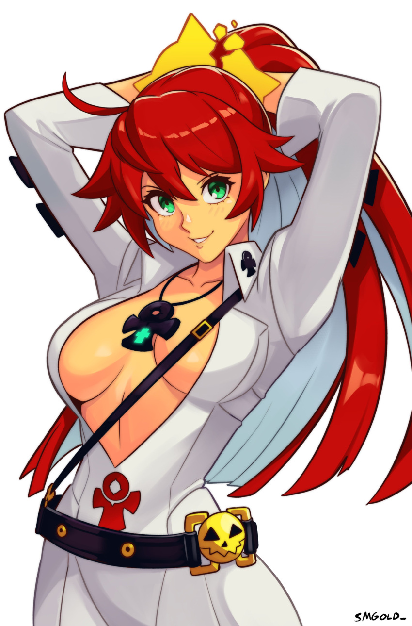 1girl absurdres alternate_hairstyle ankh blunt_ends bodysuit breasts compass_rose_halo gloves green_eyes guilty_gear guilty_gear_strive hair_between_eyes hair_up halo high_ponytail highres jack-o'_valentine large_breasts long_hair looking_at_viewer multicolored_hair ponytail red_hair smgold smile solo two-tone_hair white_bodysuit white_hair