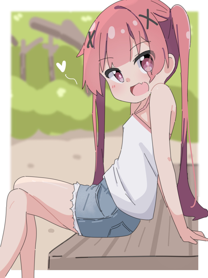 1girl :d bare_arms bare_shoulders bench blurry blurry_background camisole commentary_request crossed_legs day depth_of_field fang feet_out_of_frame grey_shorts hair_ornament heart highres kapuru_0410 long_hair looking_at_viewer looking_to_the_side outdoors red_eyes red_hair short_shorts shorts sitting smile solo tanemura_koyori twintails very_long_hair watashi_ni_tenshi_ga_maiorita! white_camisole x_hair_ornament
