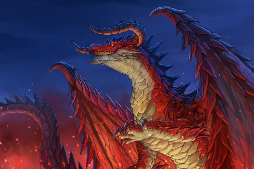 claws commentary_request dragon dragon_tail dragon_wings fire highres horns nasuno_posi no_humans open_mouth original red_scales sharp_teeth smoke spikes tail teeth western_dragon wings yellow_scales