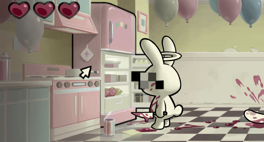 balloon blood blood_on_knife censored cursor gameplay_mechanics halo health_bar heart highres holding holding_knife identity_censor kitchen kiyof_447 knife mosaic_censoring murder no_humans original rabbit refrigerator solo standing tile_floor tiles