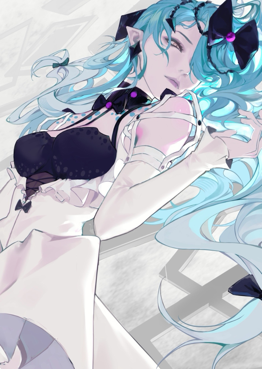 1girl abstract_background aqua_hair bare_shoulders black_bow black_bowtie black_bra bow bowtie bra breasts chinese_commentary commentary cross-laced_clothes cross-laced_dress detached_collar detached_sleeves diamond_(shape) dress dress_bow earrings forehead hair_bow highres jewelry long_hair looking_to_the_side lying medium_breasts on_back pale_skin path_to_nowhere picture_frame pointy_ears purple_lips serpent_(path_to_nowhere) slit_pupils solo spaghetti_strap swept_bangs underwear very_long_hair wavy_hair white_dress white_sleeves yellow_eyes zhuling