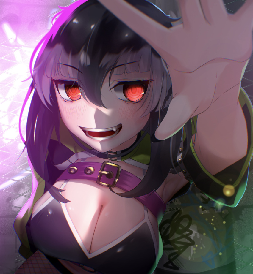 1girl arm_at_side arm_up armpits bikini black_hair blush breasts chinstrap_penguin_(kemono_friends) cleavage earphones eyelashes fang fishnet_pantyhose fishnets foreshortening from_above hair_between_eyes highres kemono_friends kemono_friends_3 long_hair looking_at_viewer multicolored_hair official_alternate_costume open_mouth outstretched_arm pantyhose red_eyes ringed_eyes sarutori smile solo spread_fingers swimsuit teeth two-tone_hair white_hair wireless_earphones