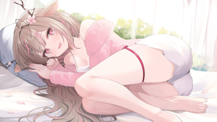 1girl animal_ears antlers barefoot brown_hair camisole commentary commission deer_antlers deer_ears deer_girl exitus flower flower_facial_mark fur_jacket hair_flower hair_ornament hairclip jacket kannazuki_lubee kurage_cc leg_ribbon long_hair multicolored_hair pillow pink_eyes pink_flower pink_hair pink_jacket ribbon shorts skeb_commission smile solo streaked_hair symbol-only_commentary thigh_ribbon virtual_youtuber white_camisole white_shorts