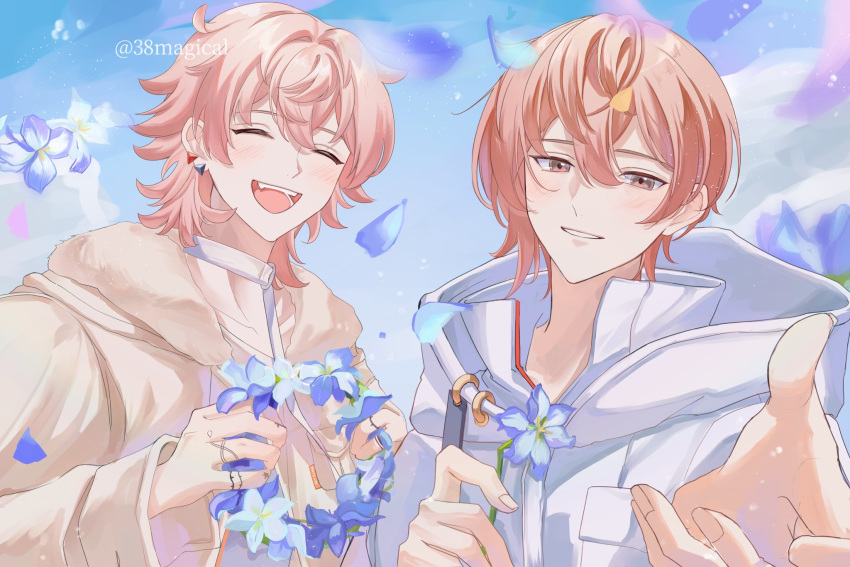 2boys blue_sky blush brown_eyes choker closed_eyes flower highres jacket jewelry looking_at_viewer male_focus miya_(38magical) miyama_kei multiple_boys open_mouth orange_hair paradox_live petals pink_hair purple_flower ring rokuta_(paradox_live) short_hair sky smile teeth twitter_username white_choker white_hood white_jacket