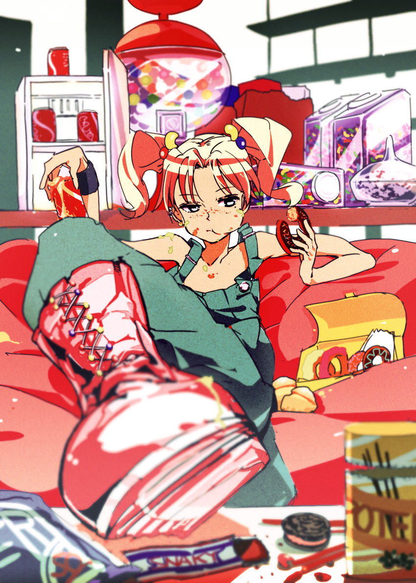 absurdres blurry boots brand_name_imitation can candy chewing_gum chocolate cookie depth_of_field doughnut eating food foreshortening freckles gumball gumball_machine hair_bobbles hair_ornament highres mayuge1017 no_bra original overalls pink_footwear pink_hair sitting soda soda_can solo twintails wristband