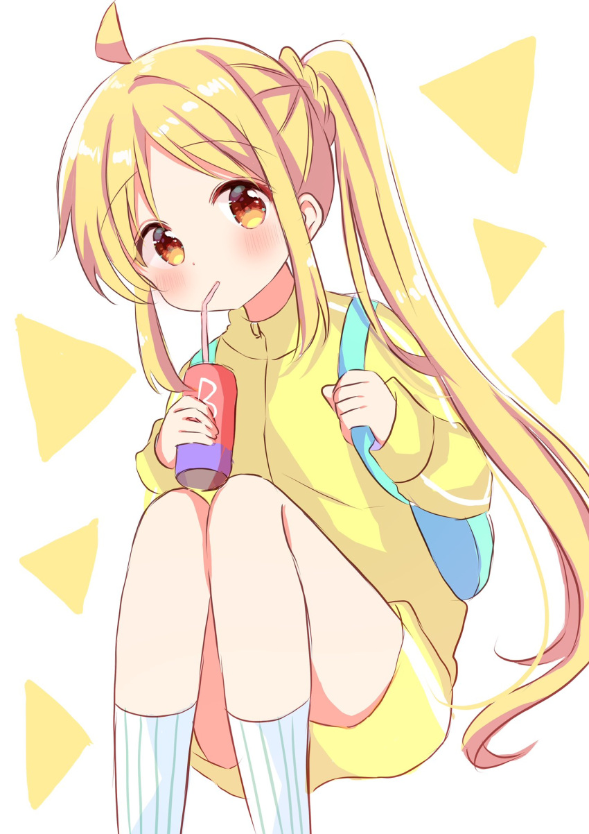 1girl ahoge ankle_socks backpack bag blonde_hair blue_bag blush bocchi_the_rock! braid brown_eyes can closed_mouth drinking drinking_straw drinking_straw_in_mouth eyebrows_hidden_by_hair highres holding holding_can holding_strap ijichi_nijika invisible_chair jacket knees_up long_hair long_sleeves looking_at_viewer nanami_ayane_(kusunoki5050) one_side_up scrunchie shorts side_ponytail simple_background sitting socks solo striped_clothes striped_socks track_jacket track_suit vertical-striped_clothes vertical-striped_socks very_long_hair white_socks yellow_jacket yellow_shorts