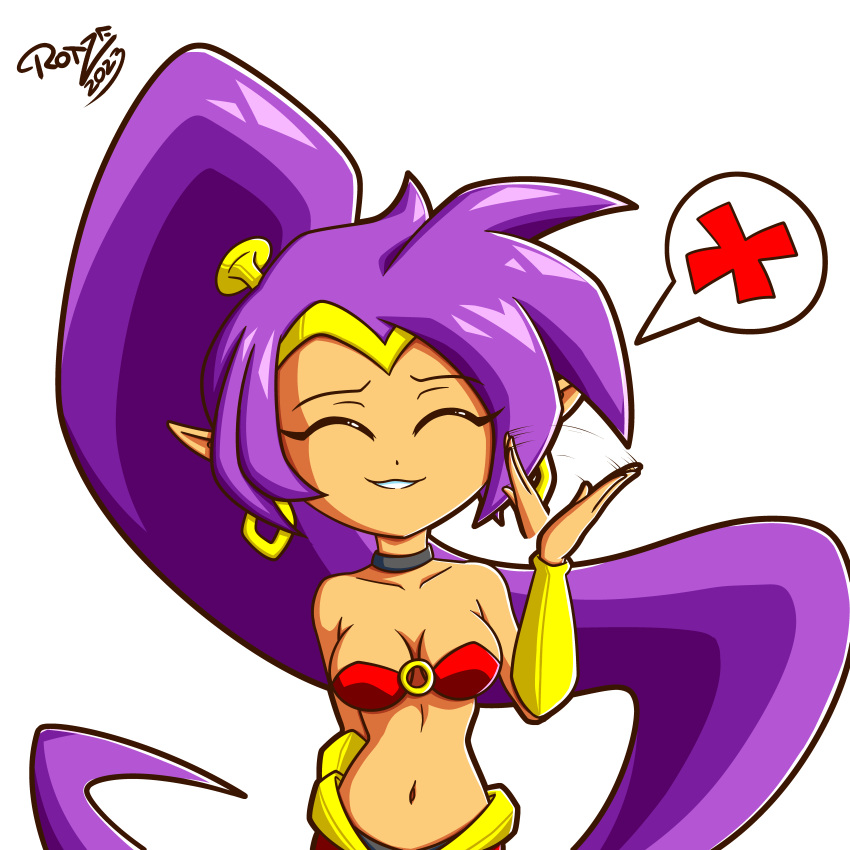 2023 absurd_res breasts cleavage clothed clothing ear_piercing ear_ring eyes_closed female genie hair hi_res humanoid humanoid_pointy_ears long_hair motion_blur navel not_furry piercing ponytail purple_hair ring_piercing rotzedust shantae shantae_(series) signature simple_background smile solo speech_bubble tan_body tan_skin wayforward