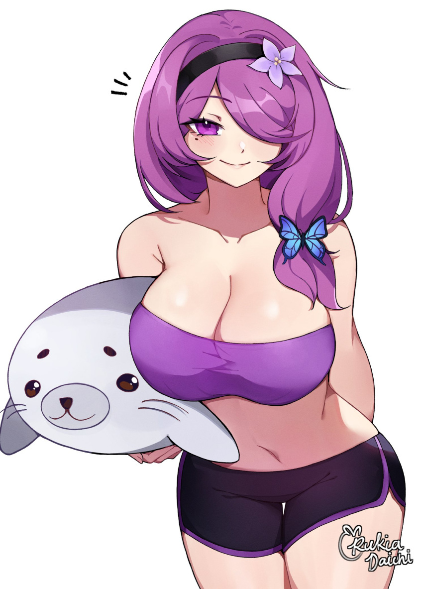 1girl artist_name bandeau bare_shoulders black_hairband black_shorts blush breasts cleavage closed_mouth collarbone commission hairband highres holding holding_stuffed_toy large_breasts looking_at_viewer mole mole_under_eye navel original purple_eyes purple_hair rukiadaichi shorts smile solo strapless stuffed_seal stuffed_toy tube_top