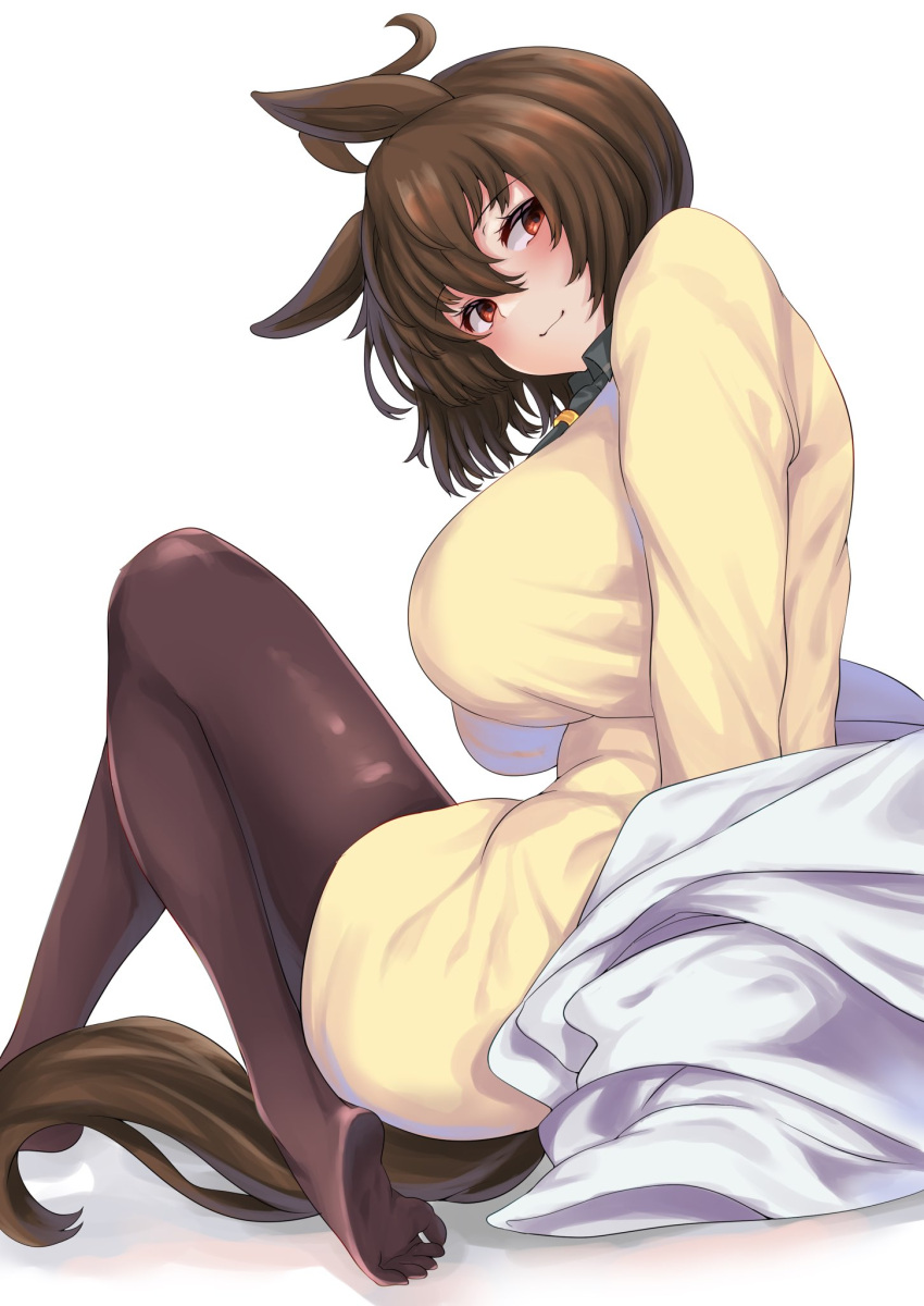 1girl agnes_tachyon_(umamusume) ahoge animal_ears black_necktie blush breasts brown_eyes brown_hair brown_pantyhose closed_mouth coat from_side full_body highres hisagi_(hisagi00) horse_ears horse_girl horse_tail large_breasts long_sleeves looking_at_viewer looking_to_the_side medium_hair necktie off_shoulder pantyhose simple_background sitting smile solo sweater tail tie_clip umamusume white_background white_coat yellow_sweater