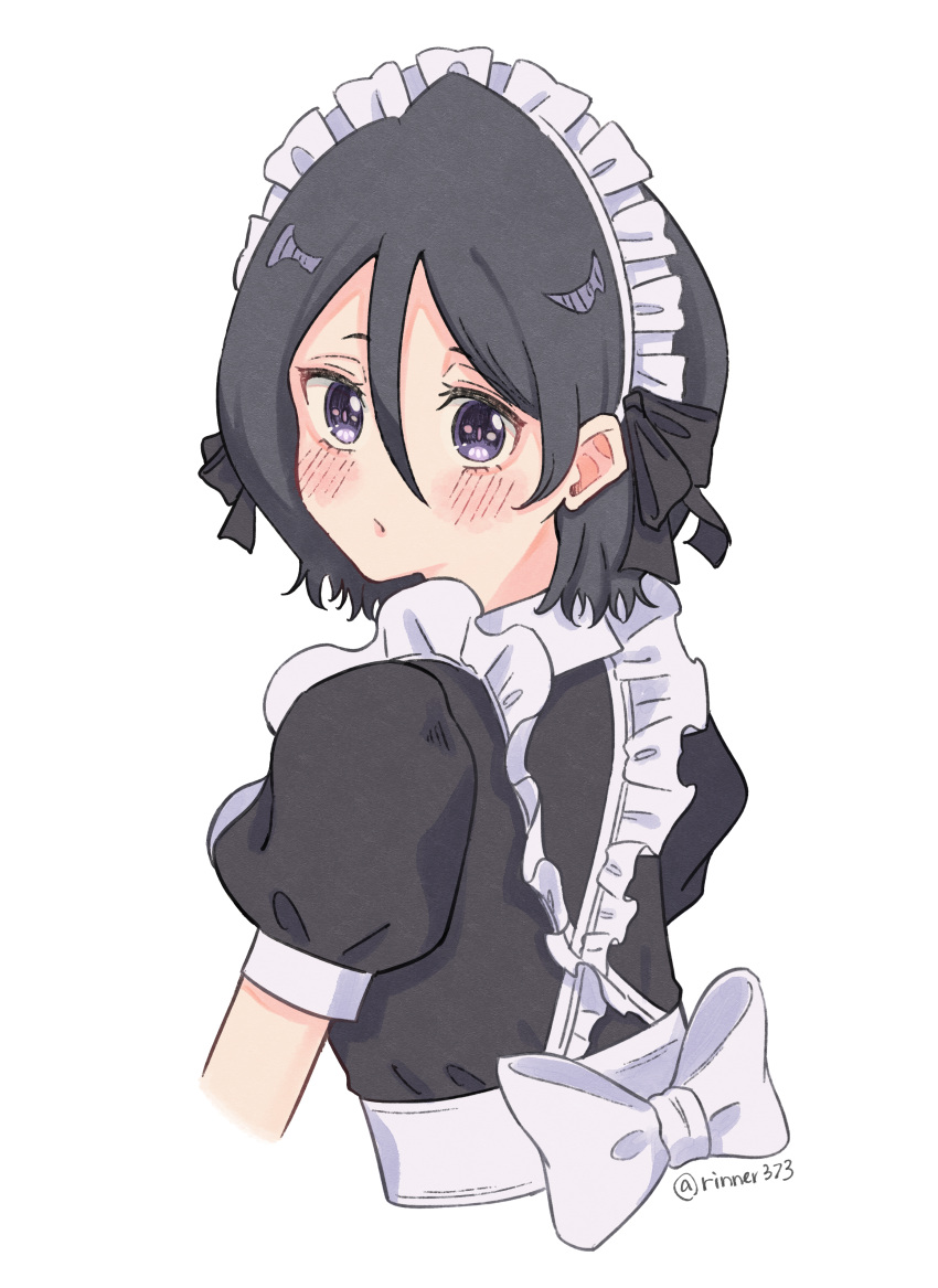 1girl absurdres alternate_costume apron back_bow black_dress black_hair bleach blush bow cropped_arms cropped_torso dress enmaided frilled_apron frills hair_between_eyes highres kuchiki_rukia looking_at_viewer looking_back maid maid_apron maid_headdress parted_lips puffy_short_sleeves puffy_sleeves purple_eyes rinner373 short_hair short_sleeves simple_background solo twitter_username upper_body white_apron white_background white_bow