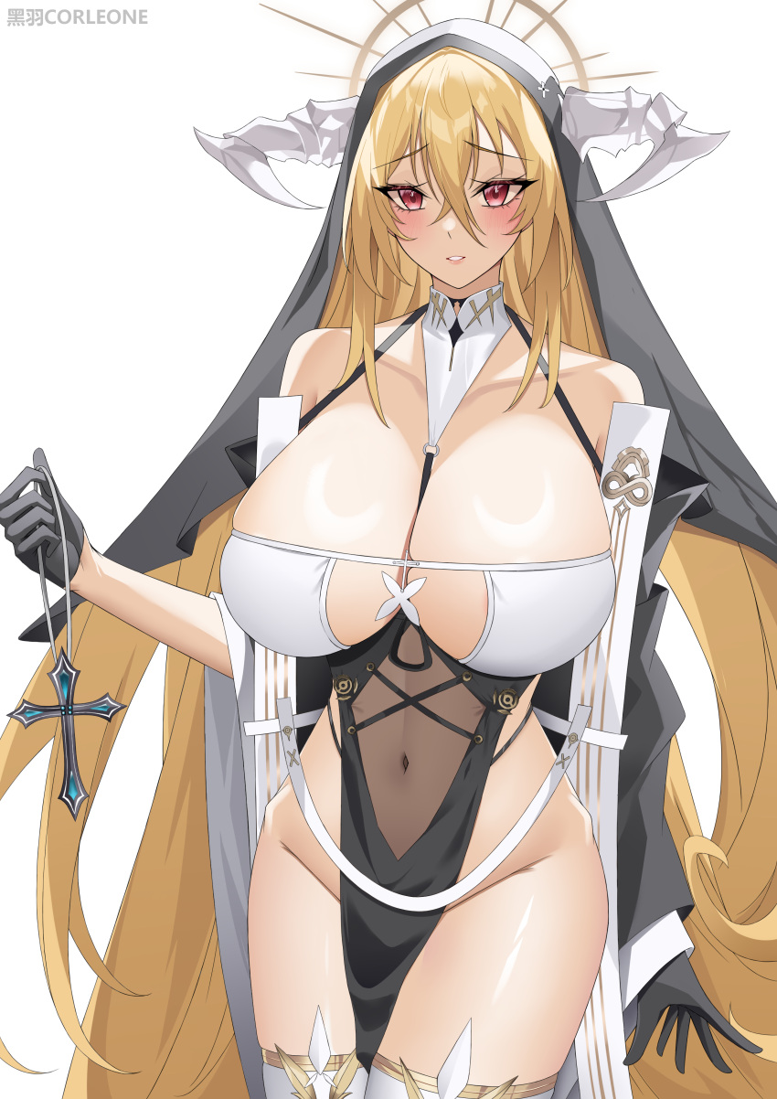 1girl absurdres artist_name azur_lane bare_shoulders black_gloves blonde_hair breast_cutout breasts cleavage covered_navel cowboy_shot cross fake_horns gloves habit hair_between_eyes half_gloves heiyu_corleone highres holding holding_cross horns huge_breasts implacable_(azur_lane) long_hair looking_at_viewer no_panties nun pelvic_curtain red_eyes revealing_clothes see-through simple_background skindentation solo thighhighs very_long_hair white_horns white_thighhighs