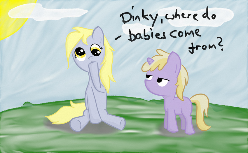 cloud cool_colors cub derp derpy_hooves_(mlp) dinky_hooves_(mlp) english_text equine female feral friendship_is_magic grey_body hair hasbro horn horse long_hair mammal my_little_pony outside pegasus pony short_hair sitting standing sun text thinking unicorn unimpressed unknown_artist wings yellow_eyes young