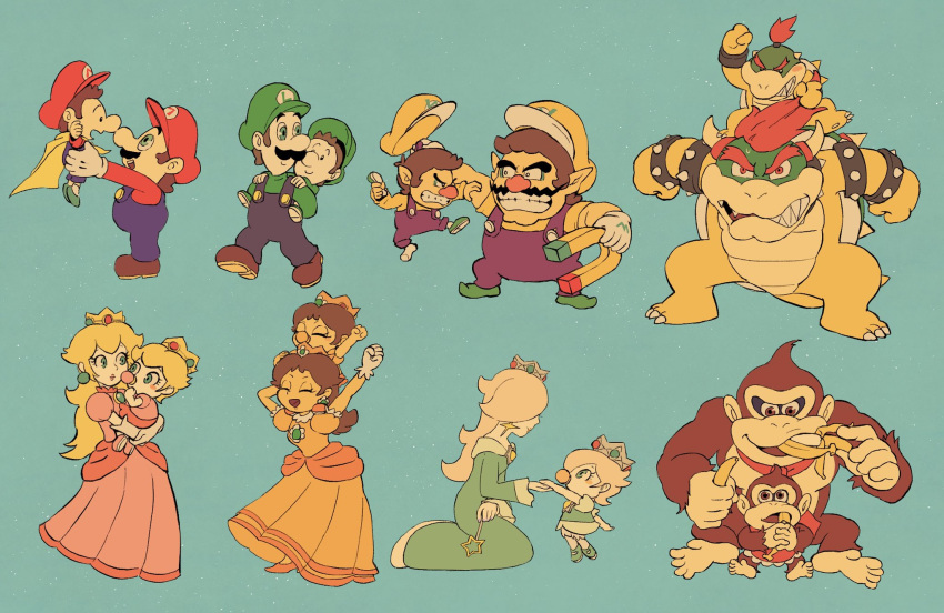6+boys 6+girls :d ^_^ angry aqua_background aqua_dress arm_up armlet arms_up baby baby_bowser baby_daisy baby_donkey_kong baby_luigi baby_mario baby_peach baby_rosalina baby_wario banana blonde_hair blue_eyes blue_overalls blue_pants bowser bracelet brooch brown_eyes brown_footwear brown_hair cape carrying claws cleft_chin clenched_hands clenched_teeth closed_eyes closed_mouth collar commentary_request crown donkey_kong dress earrings eating elbow_gloves eye_contact eyelashes facial_hair flower_earrings food fruit gloves green_footwear green_headwear green_shirt hat highres holding holding_food holding_fruit holding_hands holding_wand horns jewelry lips long_hair long_sleeves looking_at_another luigi magnet mario mario_(series) multiple_boys multiple_girls mustache necktie open_mouth orange_dress overalls pacifier pants piggyback pink_dress pointy_ears princess_daisy princess_peach profile puffy_short_sleeves puffy_sleeves purple_overalls purple_pants red_eyes red_hair red_headwear red_necktie red_shirt rinabee_(rinabele0120) rosalina sharp_teeth shirt shoes short_hair short_sleeves shoulder_carry simple_background sitting smile sphere_earrings spiked_armlet spiked_bracelet spiked_collar spiked_shell spikes star_(symbol) star_brooch star_earrings star_wand swept_bangs teeth time_paradox topknot turtle_shell upper_teeth_only v-shaped_eyebrows walking wand wario white_gloves yellow_cape yellow_headwear yellow_shirt yoshi's_island_ds