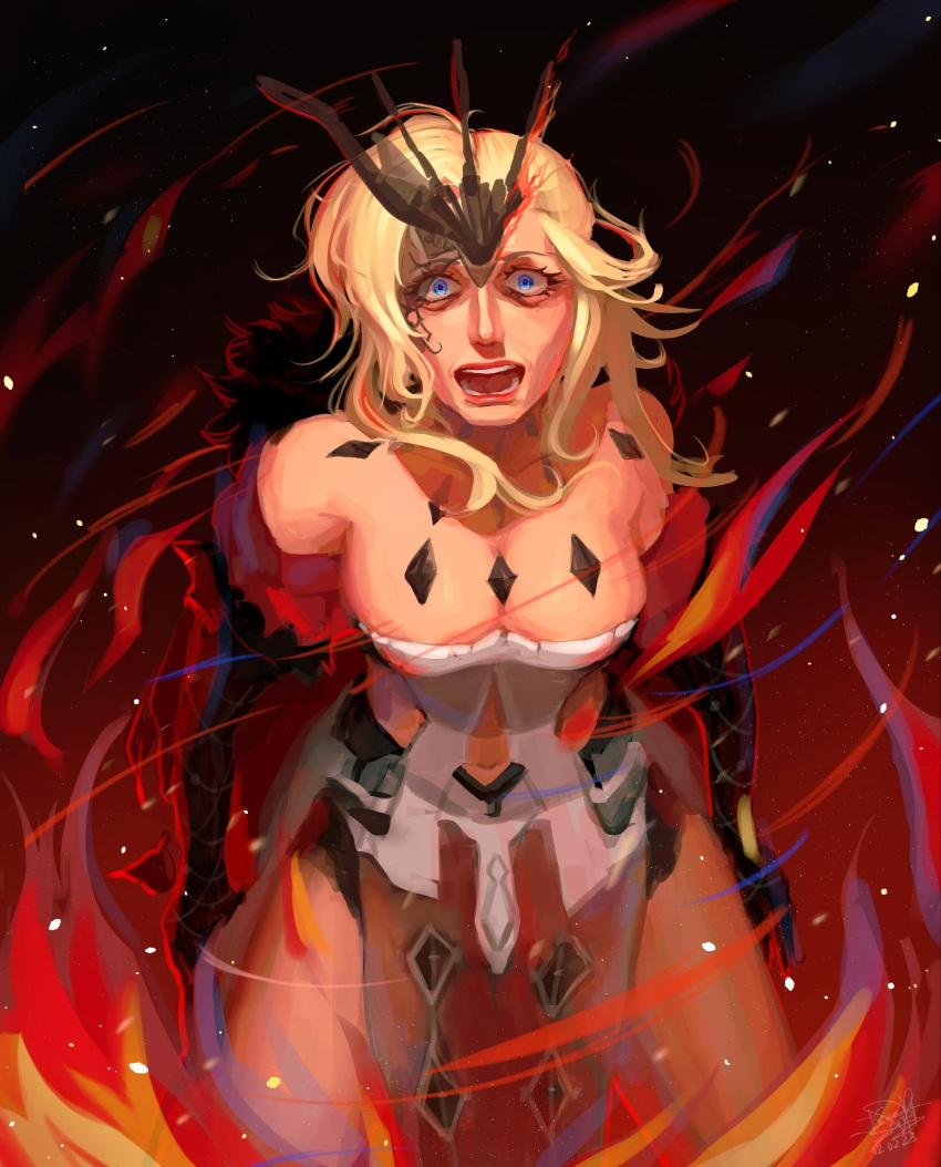 1girl bare_shoulders blonde_hair blue_eyes breasts cape cleavage dress fire genshin_impact gloves highres kneeling kreescript large_breasts pelvic_curtain red_cape red_lips strapless strapless_dress tagme