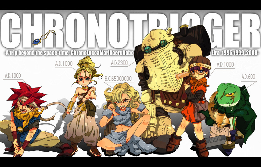 3girls ayla_(chrono_trigger) blonde_hair chrono_trigger crono kaeru_(chrono_trigger) lucca_ashtear marle multiple_boys multiple_girls purple_hair red_hair robo weapon