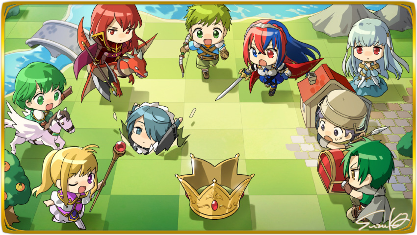 4boys 5girls alear_(female)_(fire_emblem) alear_(fire_emblem) axe black_hair blonde_hair blue_eyes blue_hair bow_(weapon) checkered_floor clarine_(fire_emblem) crown donnel_(fire_emblem) dragon dress fire_emblem fire_emblem:_mystery_of_the_emblem fire_emblem:_path_of_radiance fire_emblem:_radiant_dawn fire_emblem:_the_binding_blade fire_emblem:_the_blazing_blade fire_emblem:_thracia_776 fire_emblem_awakening fire_emblem_engage fire_emblem_fates fire_emblem_heroes green_eyes green_hair hair_ornament hair_over_one_eye halberd heterochromia holding holding_axe holding_bow_(weapon) holding_staff holding_sword holding_weapon karin_(blue_archive) long_hair michalis_(fire_emblem) multicolored_hair multiple_boys multiple_girls ninian_(fire_emblem) non-web_source official_art one_eye_closed pegasus polearm ponytail pot_helmet purple_eyes purple_hair red_eyes red_hair riding rolf_(fire_emblem) running scarf setsuna_(fire_emblem) smile sothe_(fire_emblem) split-color_hair staff suzuka_(rekkyo) sword tassel tassel_hair_ornament treasure_chest very_long_hair weapon white_dress wyvern