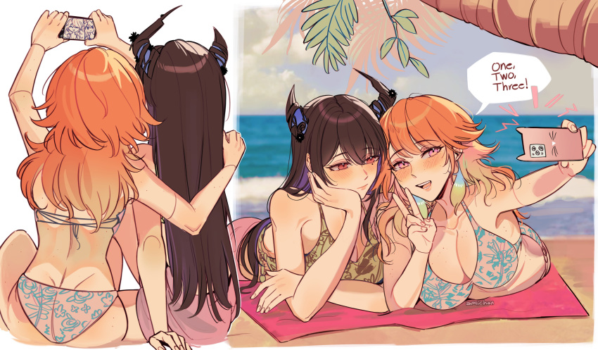 2girls absurdres alternate_costume amlichan asymmetrical_horns beach bikini black_hair blue_hair breasts colored_inner_hair demon_horns earrings feather_earrings feathers highres holding holding_phone hololive hololive_english horns jewelry long_hair multicolored_hair multiple_girls nerissa_ravencroft open_mouth orange_hair phone purple_eyes red_eyes selfie smile swimsuit takanashi_kiara taking_picture v virtual_youtuber