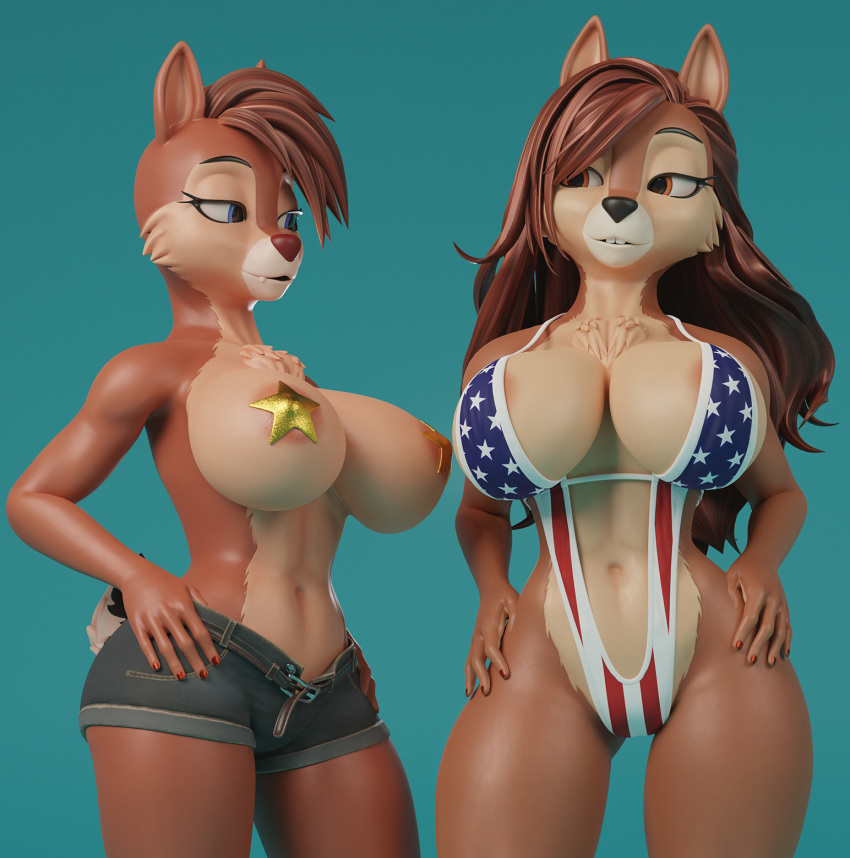 american_flag_bikini anthro areola areola_slip big_breasts blue_eyes bottomwear breasts brown_body brown_eyes brown_hair chest_tuft chip_'n_dale_rescue_rangers chip_(disney) chipmunk cleavage clothed clothing crossgender cutoffs daisy_dukes dale_(disney) denim denim_bottomwear denim_clothing disney duo female ground_squirrel hair hand_on_hip hi_res hotpants huge_breasts long_hair mammal mayosplash mtf_crossgender navel rodent sciurid scut_tail short_tail shorts skinpy smile star_pasties tail teeth thick_thighs topless topless_female tuft wide_hips