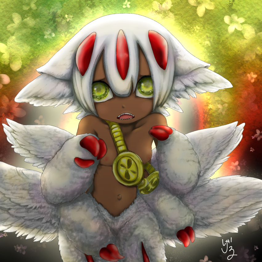 1girl animal_ears body_fur breasts commentary_request cowboy_shot dark-skinned_female dark_skin extra_arms faputa fewer_digits geru_geruru goggles_around_breasts highres looking_at_viewer made_in_abyss monster_girl navel nipples open_mouth short_hair small_breasts solo topless white_fur white_hair yellow_eyes