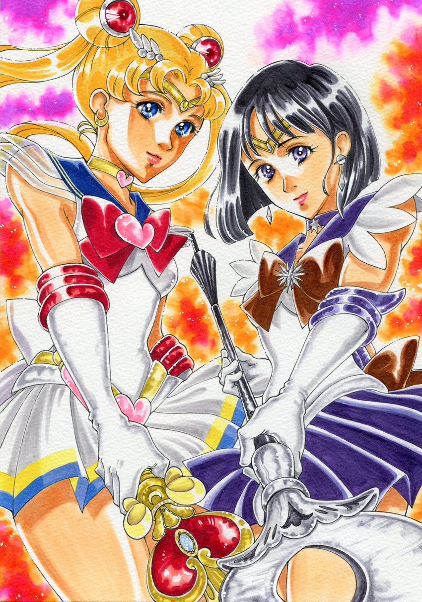 absurdres back_bow bishoujo_senshi_sailor_moon blue_sailor_collar bob_cut bow choker heart heart_choker highres holding holding_spear holding_wand holding_weapon lips long_hair magical_girl marker_(medium) multicolored multicolored_clothes multicolored_skirt multiple_girls onono polearm purple_sailor_collar purple_skirt red_bow sailor_collar sailor_moon sailor_saturn sailor_senshi sailor_senshi_uniform short_hair silence_glaive skirt spear spiral_heart_moon_rod staff star star_choker super_sailor_moon tomoe_hotaru traditional_media tsukino_usagi wand weapon