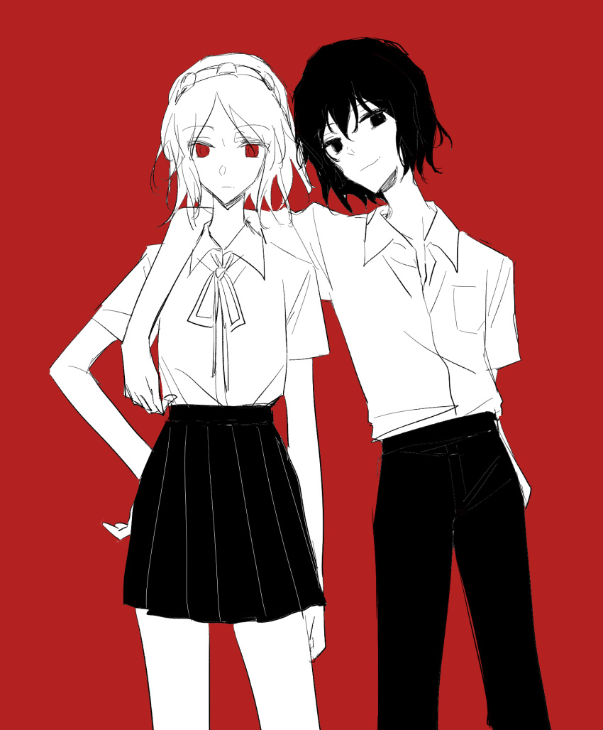 1boy 1girl arm_around_neck arm_at_side breast_pocket closed_mouth collared_shirt expressionless eyes_visible_through_hair genderswap genderswap_(otf) genderswap_(otm) h9ef1 hair_between_eyes hairband highres len'en looking_at_viewer miniskirt neck_ribbon pants parted_bangs pleated_skirt pocket red_background red_eyes ribbon school_uniform senri_tsurubami shirt shirt_tucked_in short_hair short_sleeves simple_background sketch skirt smile spot_color zuifeng_tenkai