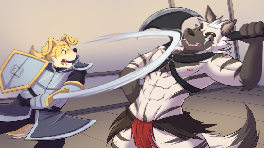 action_pose action_scene anthro artemi_(temptations_ballad) axe barbarian bird_dog bottomwear canid canine canis clothing domestic_dog female fight golden_retriever hi_res hunting_dog hyena loincloth male mammal marrow_(temptations_ballad) melee_weapon motion_lines paladin pose retriever shield shirokoi striped_hyena sword temptations_ballad_(visual_novel) weapon weapon_on_shoulder