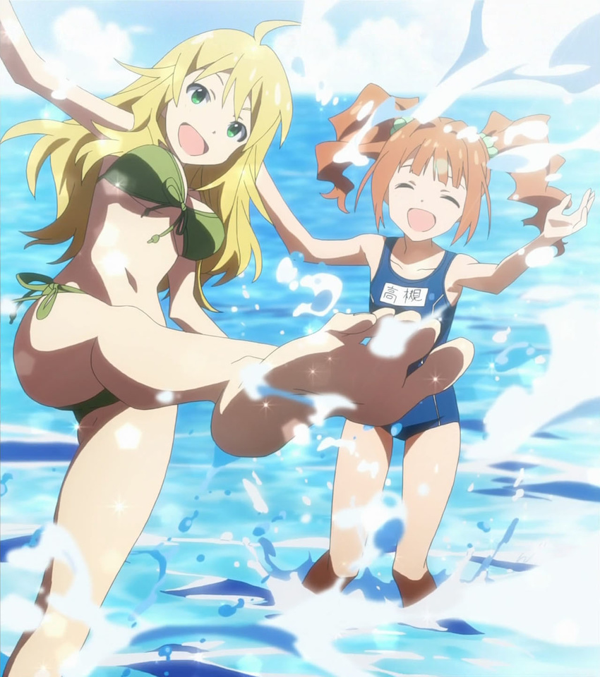 barefoot bikini blonde_hair closed_eyes eyes_closed green_eyes highres hoshii_miki idolmaster long_hair ocean one-piece_swimsuit one_piece_swimsuit orange_hair pigtails short_twintails splash splashing stitch stitched swimsuit takatsuki_yayoi twintails