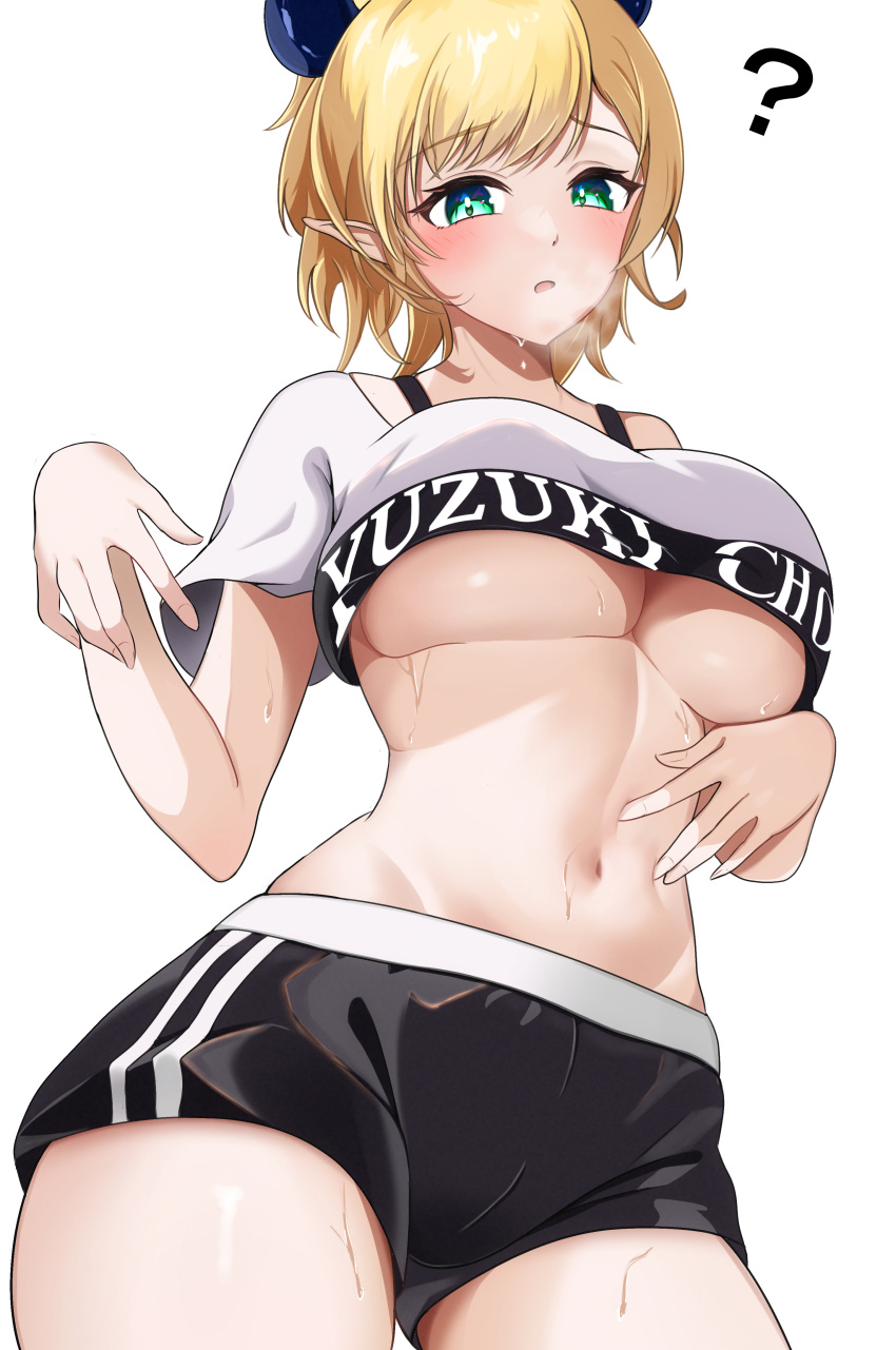 1girl ? absurdres alternate_costume black_horns black_shorts blonde_hair blush breasts commentary_request contrapposto cowboy_shot cropped_shirt demon_horns green_eyes heavy_breathing highres hololive hololive_dance_practice_uniform horns large_breasts looking_at_viewer navel open_mouth oz1n pointy_ears shirt short_hair short_shorts short_sleeves shorts simple_background solo sweat thick_thighs thighs underboob virtual_youtuber white_background white_shirt yuzuki_choco