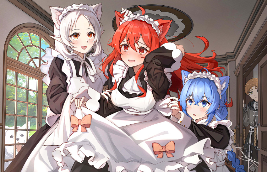 1boy 3girls absurdres adjusting_another's_clothes ahoge animal_ears apron ascot black_dress blonde_hair blue_eyes blue_hair blush braid breasts cat_ears clothes_lift dog dress eris_greyrat eris_kissaten extra_ears eyebrows_hidden_by_hair flat_chest grey_robe grin hair_between_eyes hair_ribbon highres indoors large_breasts large_ribbon lifted_by_self long_hair maid maid_apron maid_headdress medium_hair multiple_girls mushoku_tensei orange_eyes peeking pointy_ears red_eyes red_hair ribbon robe roxy_migurdia rudeus_greyrat shirt signature skirt skirt_lift smile sylphiette_(mushoku_tensei) twin_braids waist_ribbon wavy_mouth white_apron white_ascot white_hair white_shirt