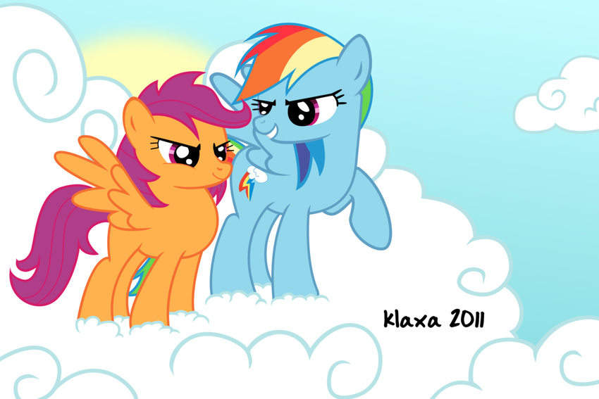 bold cloud cub cutie_mark cutie_mark_crusaders_(mlp) cyan_body equine female feral friendship_is_magic fur hair hasbro horse klaxa mammal multi-colored_hair my_little_pony orange_body pegasus pony purple_eyes purple_hair rainbow_dash_(mlp) rainbow_hair raised_hoof scootaloo_(mlp) standing wings young