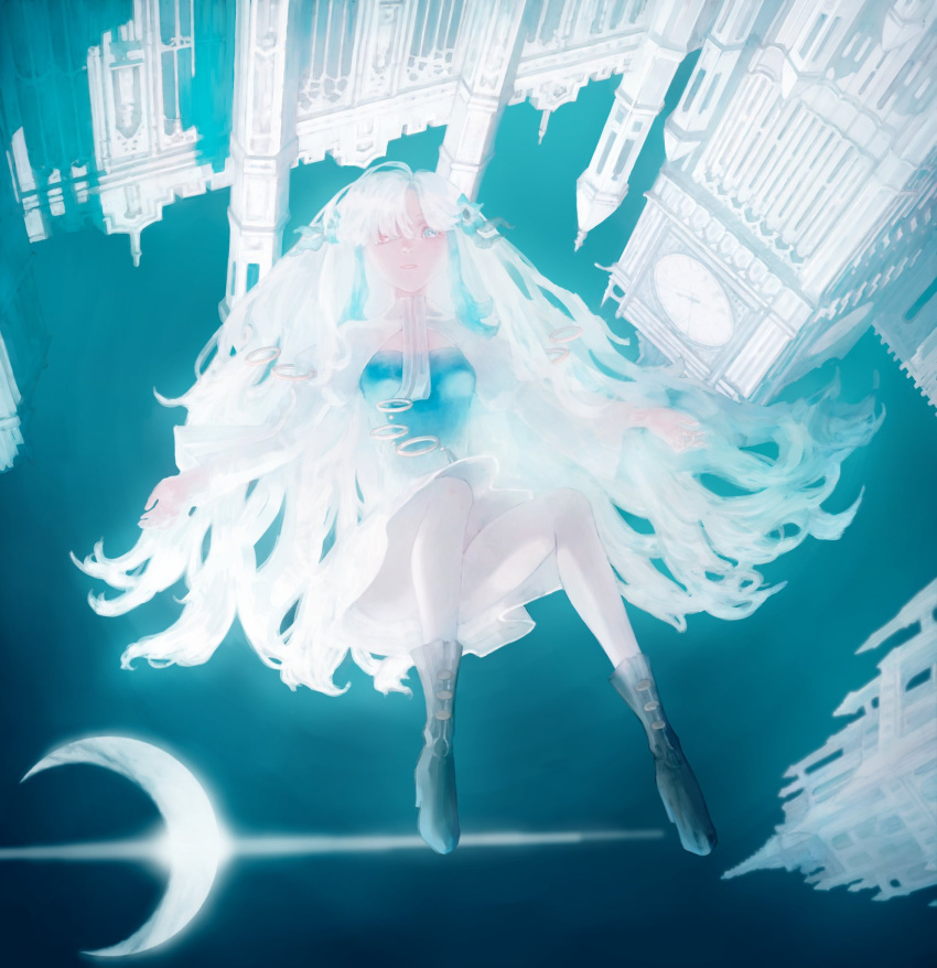 1girl architecture black_footwear blue_dress blue_eyes blue_flower blue_hair boots clock clock_tower commentary_request crescent_moon dress falling floating_hair flower gothic_architecture hair_flower hair_ornament heterochromia high_heel_boots high_heels highres isekai_joucho juliet_sleeves kamitsubaki_studio lens_flare long_hair long_sleeves looking_at_viewer midair moon multicolored_hair night outdoors pantyhose parted_lips puffy_sleeves red_eyes shinsei_hanana short_dress shrug_(clothing) solo spire streaked_hair tower upside-down_world virtual_youtuber white_hair white_pantyhose
