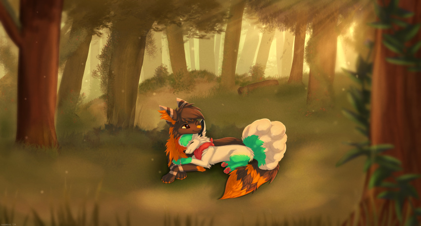 alolan_form alolan_vulpix ambiguous_gender avan_(avansnowpix) bandanna canid canine cuddling duo eyes_closed feral fluffy fluffy_tail forest fox fur generation_1_pokemon grass green_body green_fur grey_body grey_fur hair head_tuft hi_res inner_ear_fluff joeumbre kerchief looking_up mammal markings mikuni_(mikunifox) nintendo nuzzling orange_body orange_eyes orange_fur orange_nose pawpads plant pokemon pokemon_(species) regional_form_(pokemon) smile tail tree tuft vulpix white_body white_fur