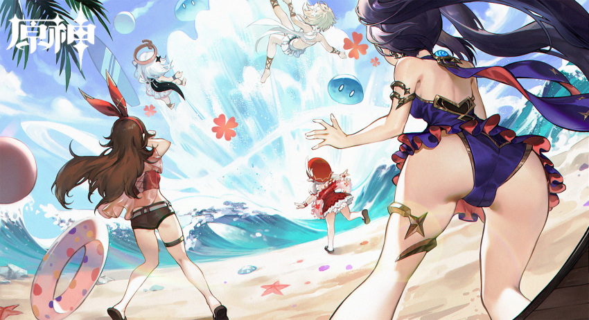 5girls absurdres amber_(genshin_impact) beach black_shorts blonde_hair blue_hair blue_one-piece_swimsuit brown_hair clover commentary_request copyright_name day dress four-leaf_clover frilled_one-piece_swimsuit frills from_behind genshin_impact hair_ribbon highres innertube klee_(genshin_impact) long_hair lumine_(genshin_impact) mona_(genshin_impact) multiple_girls ocean one-piece_swimsuit outdoors paimon_(genshin_impact) red_dress red_headwear red_ribbon ribbon short_hair short_shorts shorts slime_(creature) slime_(genshin_impact) standing swim_ring swimsuit thigh_strap water waves white_hair xiaoxiaoxiao_x