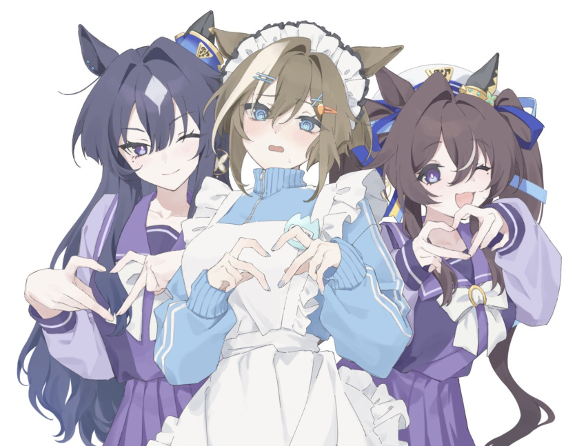 3girls ;) ;d @_@ animal_ears apron blue_eyes blue_hair blue_track_suit blush bow bowtie brown_hair cheval_grand_(umamusume) dark_blue_hair hair_between_eyes hair_ornament hairclip hakuhatsu heart heart_hands highres horse_ears horse_girl horseshoe_ornament jacket long_hair long_sleeves looking_at_viewer maid_apron maid_headdress mole mole_under_eye multicolored_hair multiple_girls one_eye_closed pleated_skirt purple_eyes purple_serafuku purple_shirt purple_skirt sailor_collar sailor_shirt school_uniform serafuku shirt short_hair siblings simple_background sisters skirt smile streaked_hair tracen_school_uniform track_jacket twintails umamusume verxina_(umamusume) vivlos_(umamusume) white_background white_bow white_bowtie white_hair white_headdress