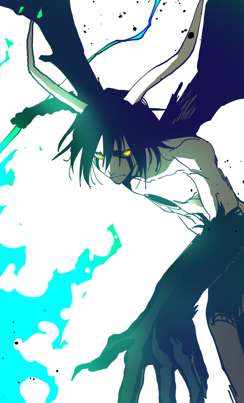 1boy absurdres arrancar bat_wings black_fur black_wings bleach body_fur breasts claws closed_mouth collarbone colored_sclera colored_skin energy_weapon facial_mark foreshortening glowing glowing_eyes green_sclera hair_between_eyes highres hole_in_chest hole_on_body hollow_(bleach) horns isaacchief300 long_horns looking_at_viewer male_focus medium_breasts paint_splatter resurreccion simple_background skinny solo straight_hair ulquiorra_cifer white_background white_skin wings yellow_eyes