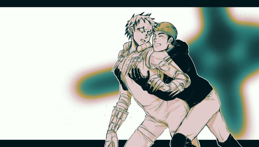 2boys ^_^ aikawa_(dorohedoro) artist_request closed_eyes colored_tips couple dorohedoro facial_mark feet_out_of_frame grabbing grabbing_from_behind greyscale grin head_on_another's_shoulder highres leaning_forward lotusmartus male_focus medium_sideburns monochrome multicolored_hair multiple_boys no_eyebrows pectoral_grab smile thick_eyebrows yaoi