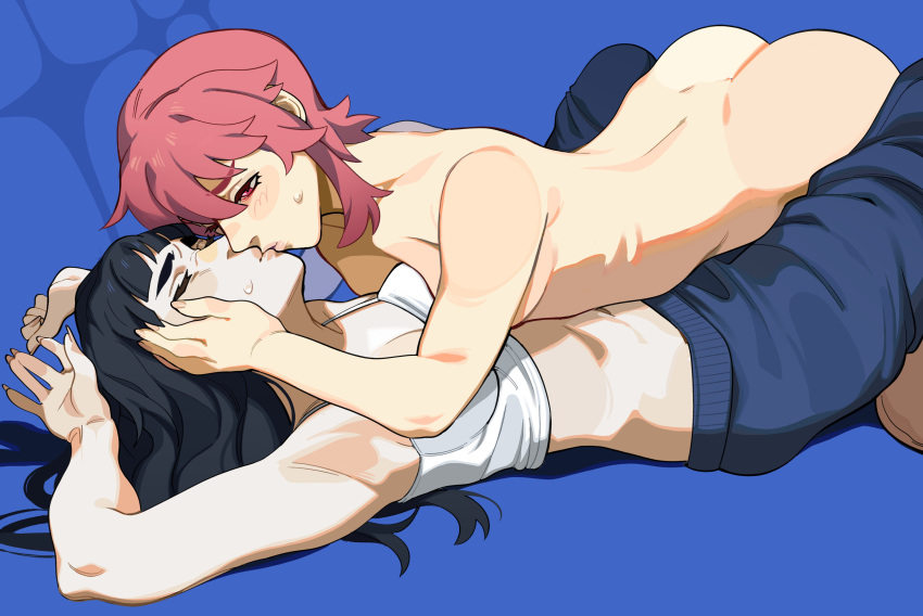 2girls absurdres armpits black_hair blue_background breasts cleavage closed_eyes completely_nude facing_another from_side highres jakuzure_nonon kill_la_kill kiryuuin_satsuki large_breasts long_hair lying medium_hair multiple_girls navel nude on_stomach pants pink_hair porqueloin shiny_skin simple_background stomach sweatdrop yuri