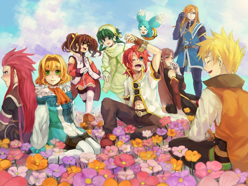 5boys ;d ^_^ anise_tatlin asch bad_id bad_pixiv_id belt blonde_hair brown_eyes brown_hair cape closed_eyes coat cravat creature detached_sleeves fingerless_gloves flower flower_bed glasses gloves green_eyes green_hair guy_cecil hair_tubes hairband happy highres ion jade_curtiss kneeling long_hair luke_fon_fabre midriff mieu multiple_boys multiple_girls natalia_luzu_kimlasca_lanvaldear one_eye_closed open_mouth pants profile red_hair shoes sidelocks sitting smile soapwort spiked_hair tales_of_(series) tales_of_the_abyss tear_grants thighhighs twintails white_gloves white_legwear