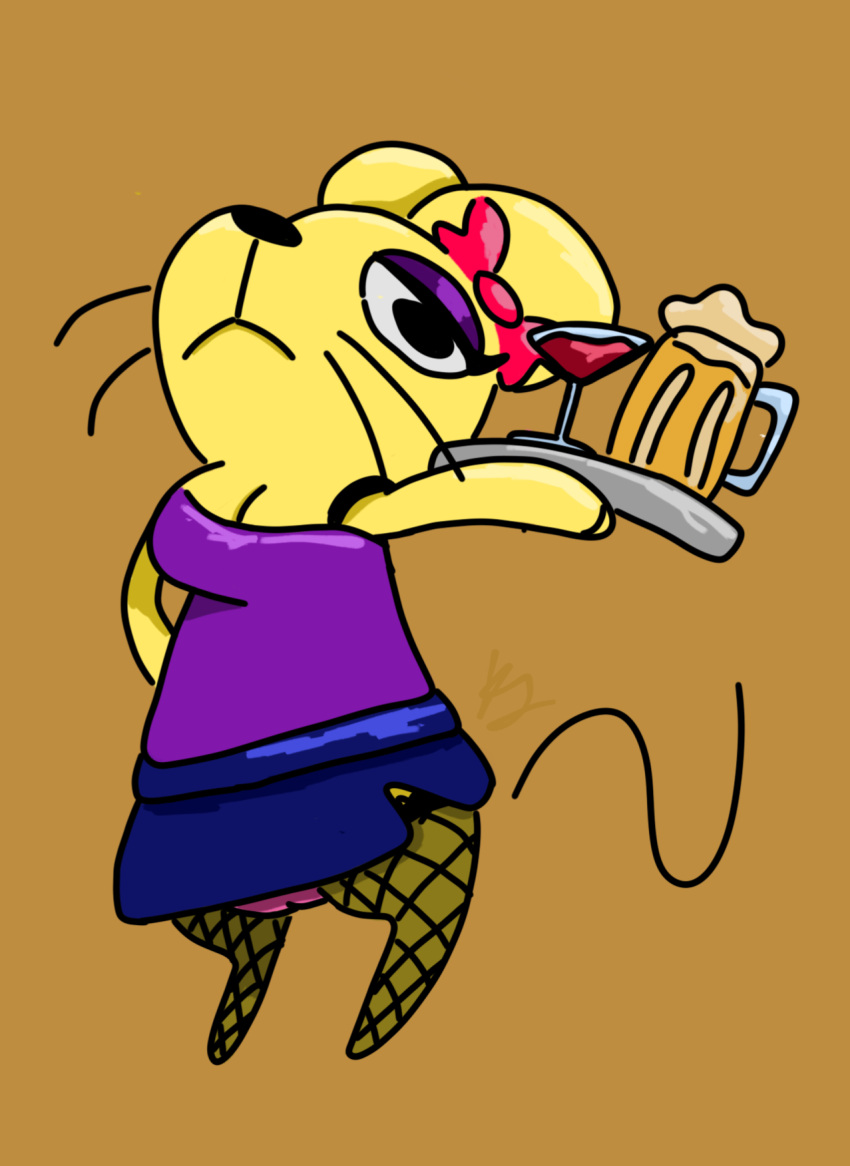 2024 alcohol alternate_costume anthro beer beverage biped bow_ribbon breasts brown_background camel_toe clothing diddy_kong_racing digital_media_(artwork) donkey_kong_(series) female fishnet hi_res kitkiy mammal mouse murid murine nintendo pipsy_the_mouse rodent simple_background solo