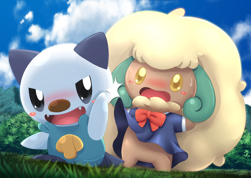 ambiguous_gender big_nose blue_eyes blush bottomless bow chest_tuft clothed clothing fluffy fur hair half-dressed horn long_hair looking_back mammal mustelid nintendo open_mouth oshawott otter outside pemyu pok&#233;mon pok&eacute;mon skirt skirt_lift standing teeth tuft video_games whimsicott wool