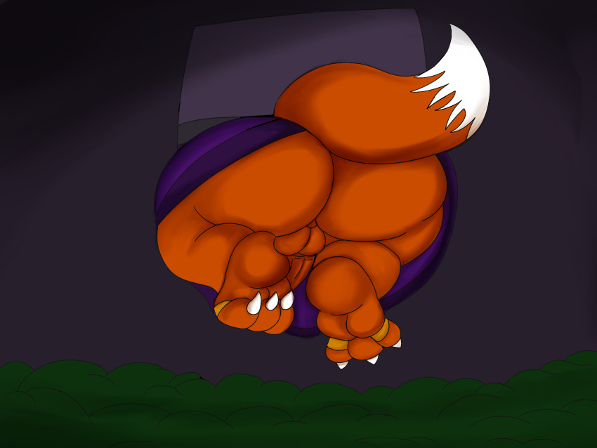 anthro balls big_butt butt canid canine claws clothing fox fur genitals helpless hi_res jay_(jaythefox333) jaythefox333 male mammal orange_body orange_fur penis plant purple_clothing shrub solo stuck_in_window thick_thighs toe_claws wardrobe_malfunction white_body white_fur