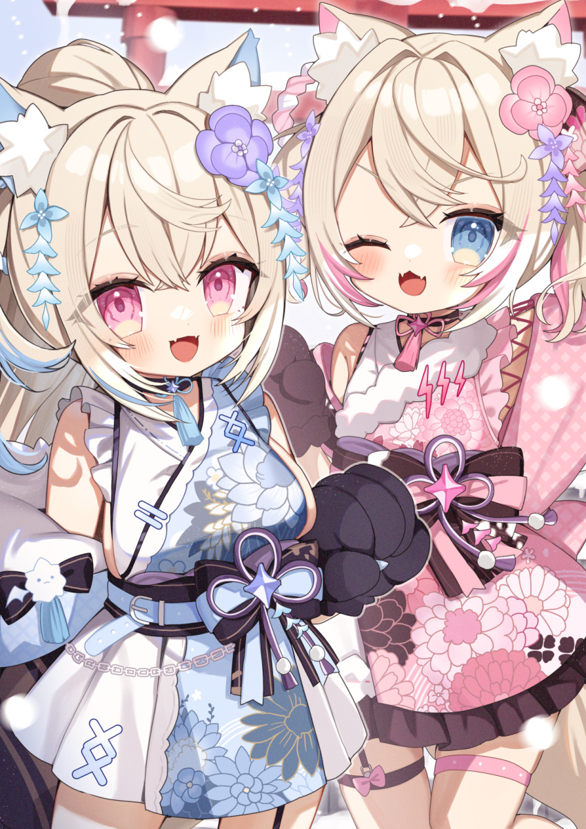 2girls animal_ear_fluff animal_ears blonde_hair blue_eyes blue_hair blue_kimono breasts chibi collar dog_ears dog_girl flower fuwawa_abyssgard fuwawa_abyssgard_(new_year) hair_flower hair_ornament highres hololive hololive_english japanese_clothes kimono large_breasts long_hair mococo_abyssgard mococo_abyssgard_(new_year) multicolored_hair multiple_girls noi_mine official_alternate_costume open_mouth pink_eyes pink_hair ponytail siblings sideless_kimono sisters sleeveless streaked_hair tail twins virtual_youtuber