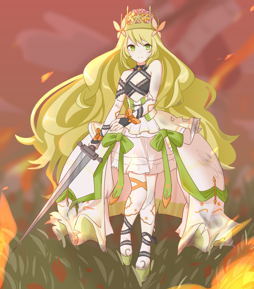 1girl absurdres bare_shoulders blonde_hair bow breasts butterfly_hair_ornament celine_(fire_emblem) cleavage closed_mouth crown dress dress_bow fire fire_emblem fire_emblem_engage flower full_body green_bow green_eyes hair_flower hair_ornament highres holding holding_sword holding_weapon ikonaska long_hair looking_at_viewer orange_bow small_breasts solo sword very_long_hair weapon wrist_bow