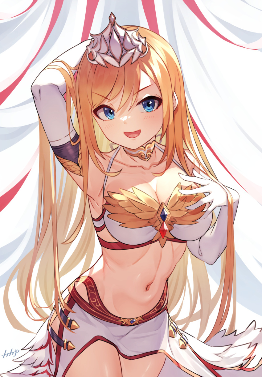 1girl :d arms_behind_head arpeggio_kaga bandeau blonde_hair blue_eyes breasts cassiopeia_(shingeki_no_bahamut) cleavage collarbone commentary_request crown elbow_gloves gloves granblue_fantasy hair_between_eyes hair_lift halterneck highres large_breasts lifted_by_self long_hair looking_at_viewer navel revealing_clothes side_slit signature simple_background smile solo white_gloves